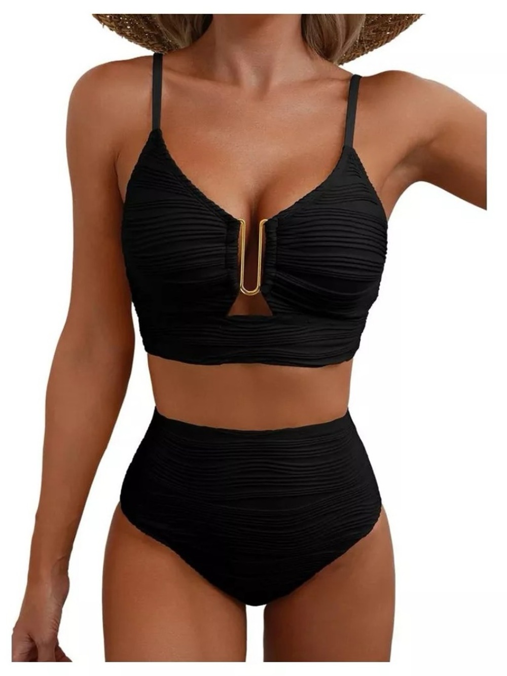 2 Piece Black Bikini Set U-Wire Cutout Swimsuit High Waisted Textured size XL - Picture 2 of 11